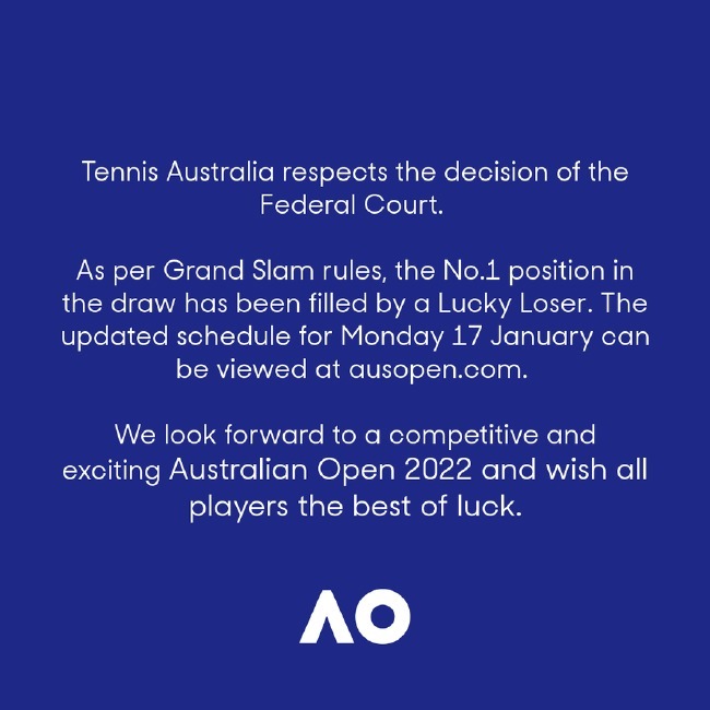 澳網(wǎng)|德約缺席是損失!ATP強(qiáng)烈建議球員打疫苗 澳網(wǎng)發(fā)聲明尊重法庭決定