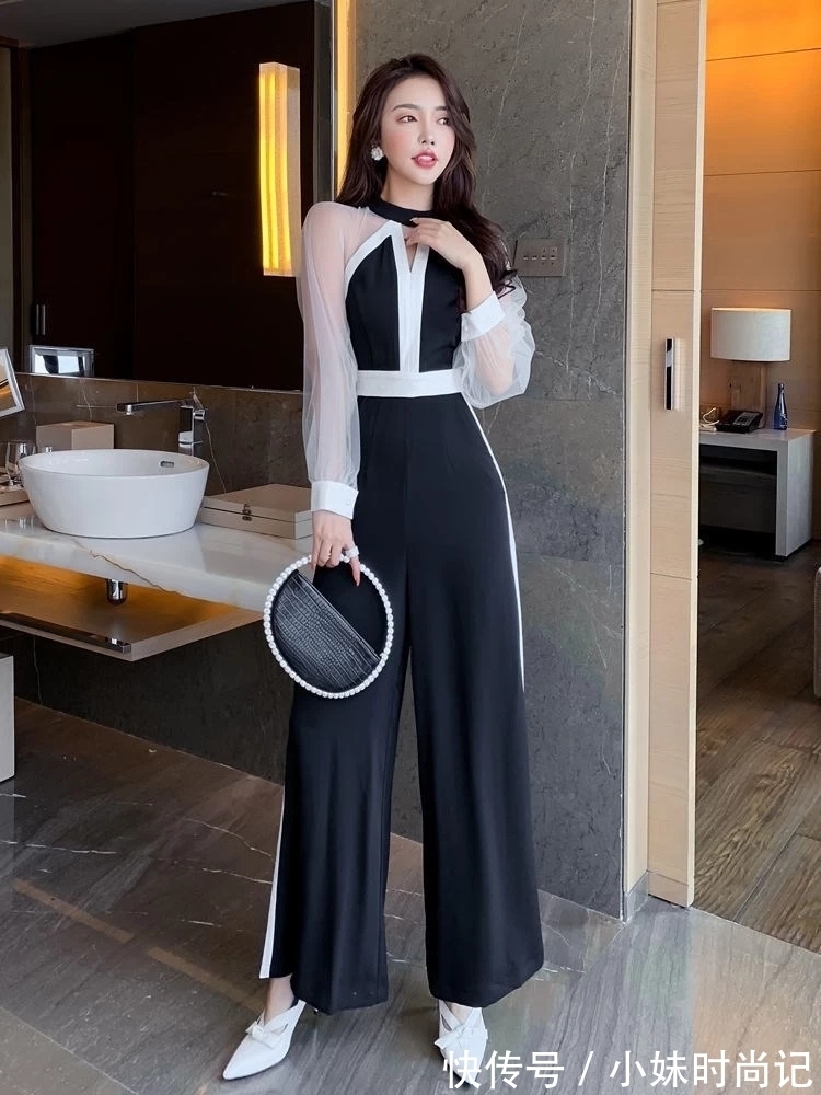 穿搭|法式黑白网纱拼接,穿出赫本风,名媛气质连体裤