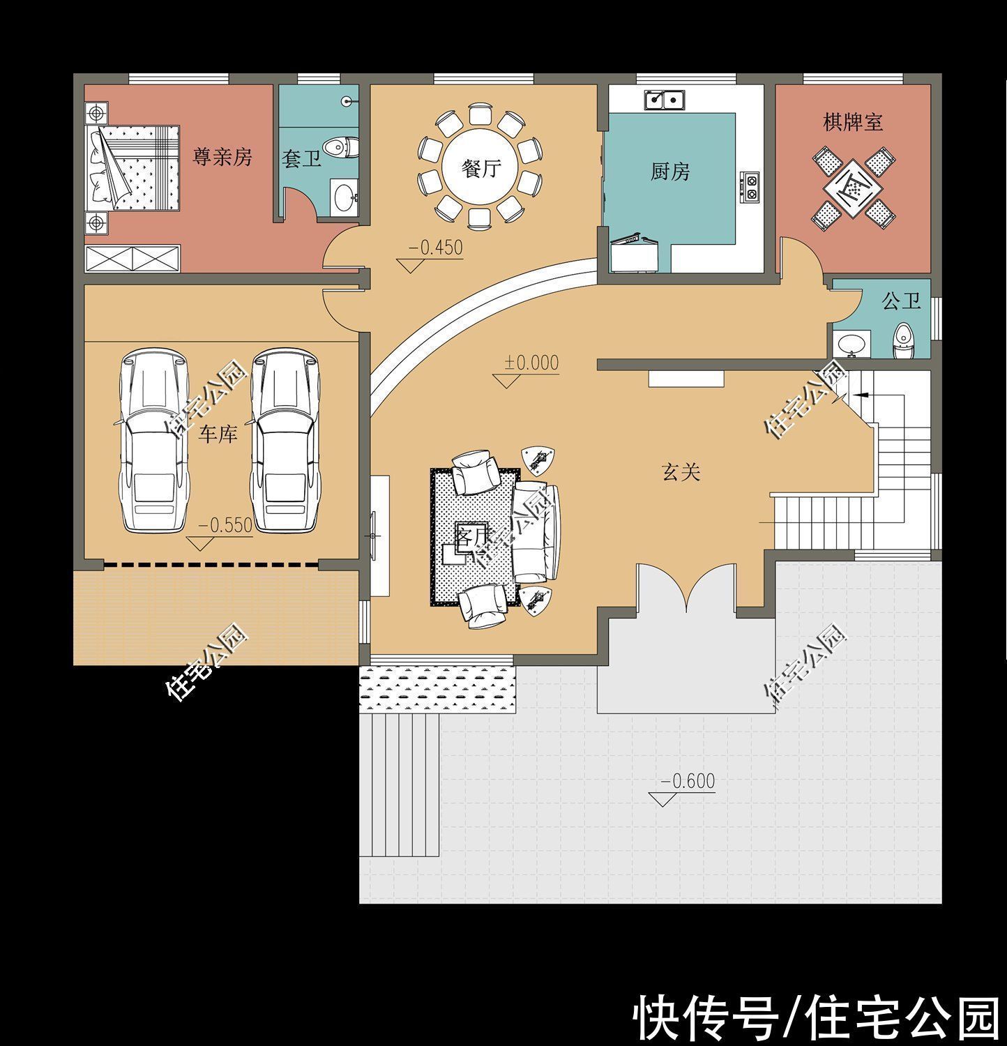 农村|下沉式客厅、封闭车库,18×12米现代风二层农村别墅,美的没话说