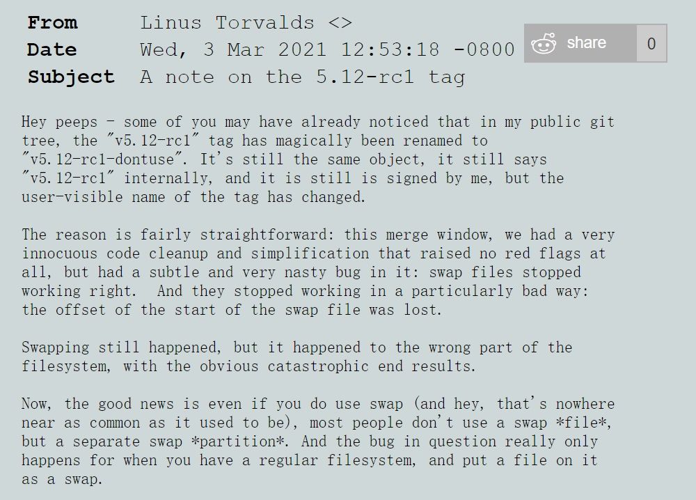 Linus 紧急警告：请勿使用 Linux Kernel 5.12-rc1，swap 问题会导致系统损坏