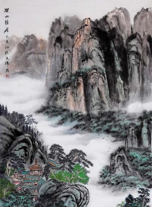 为主干#青绿山水画 画家沈天赐国画作品《深山雅居》古雅秀美，灵气四溢