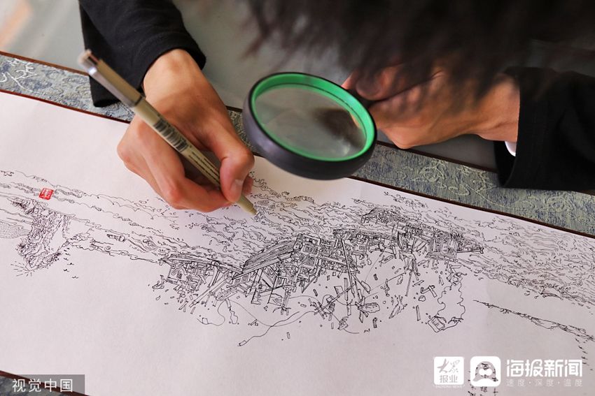 青岛农业大学|不打草稿一气呵成 青岛大学生用0.1毫米针管笔将苏轼诗词绘成8米长卷