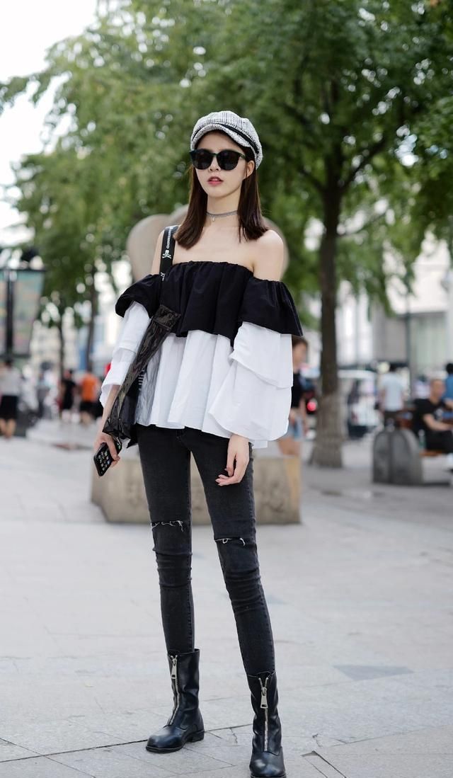 街拍:圆墨镜和黑色礼帽的搭配,小美女又酷又美