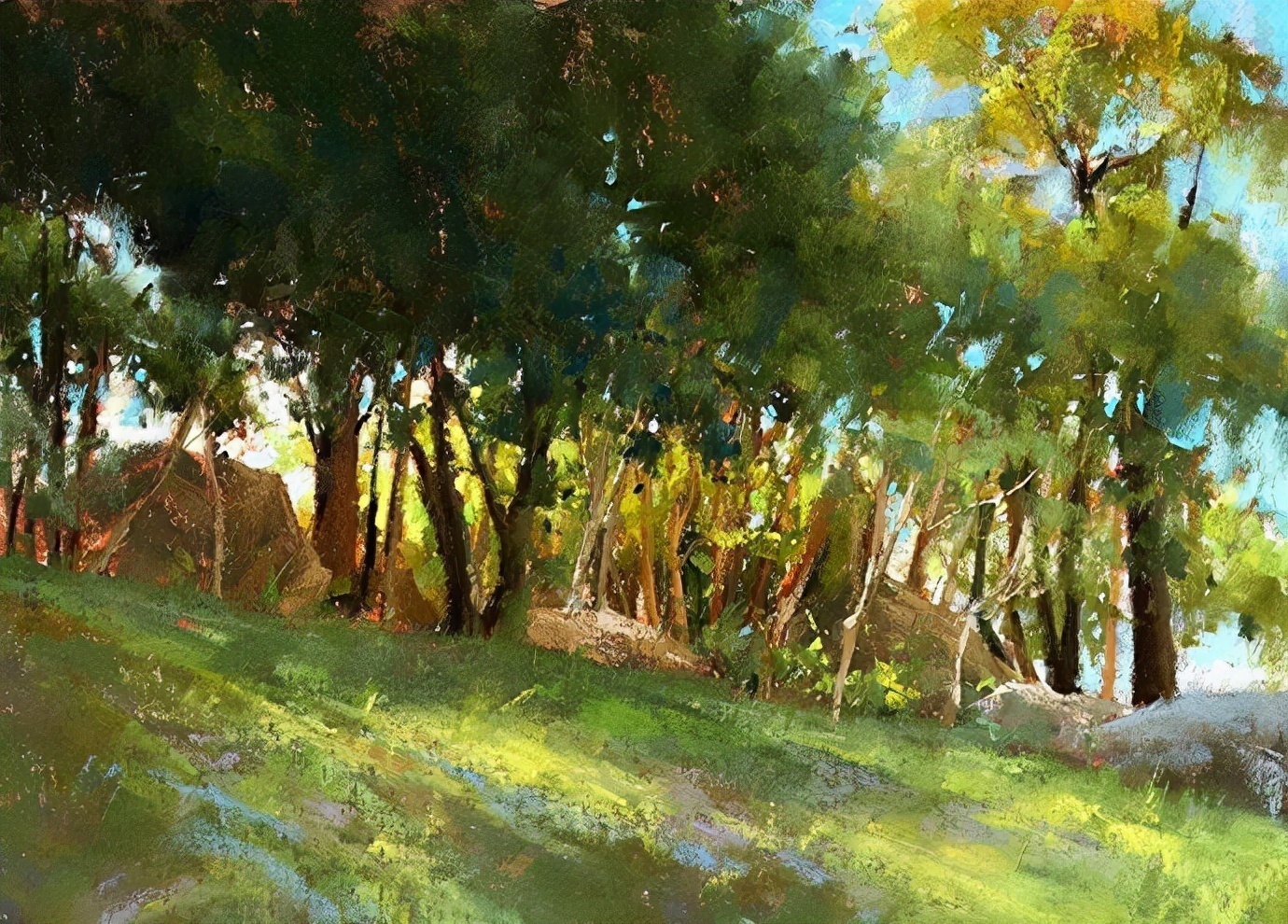 美国#美国艺术家阿奎尔柔和的风景油画,画里充满了阳光温馨美好