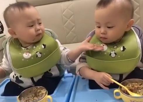 双胞胎|“糊涂蛋哥哥”错把饭喂到弟弟嘴里,瞬间慌了“小手一摊”萌化了