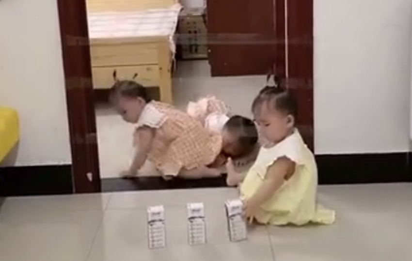 神经元|妈妈在门前放了三喝奶并设置一道障碍,三胞胎宝宝拿奶的方式亮了