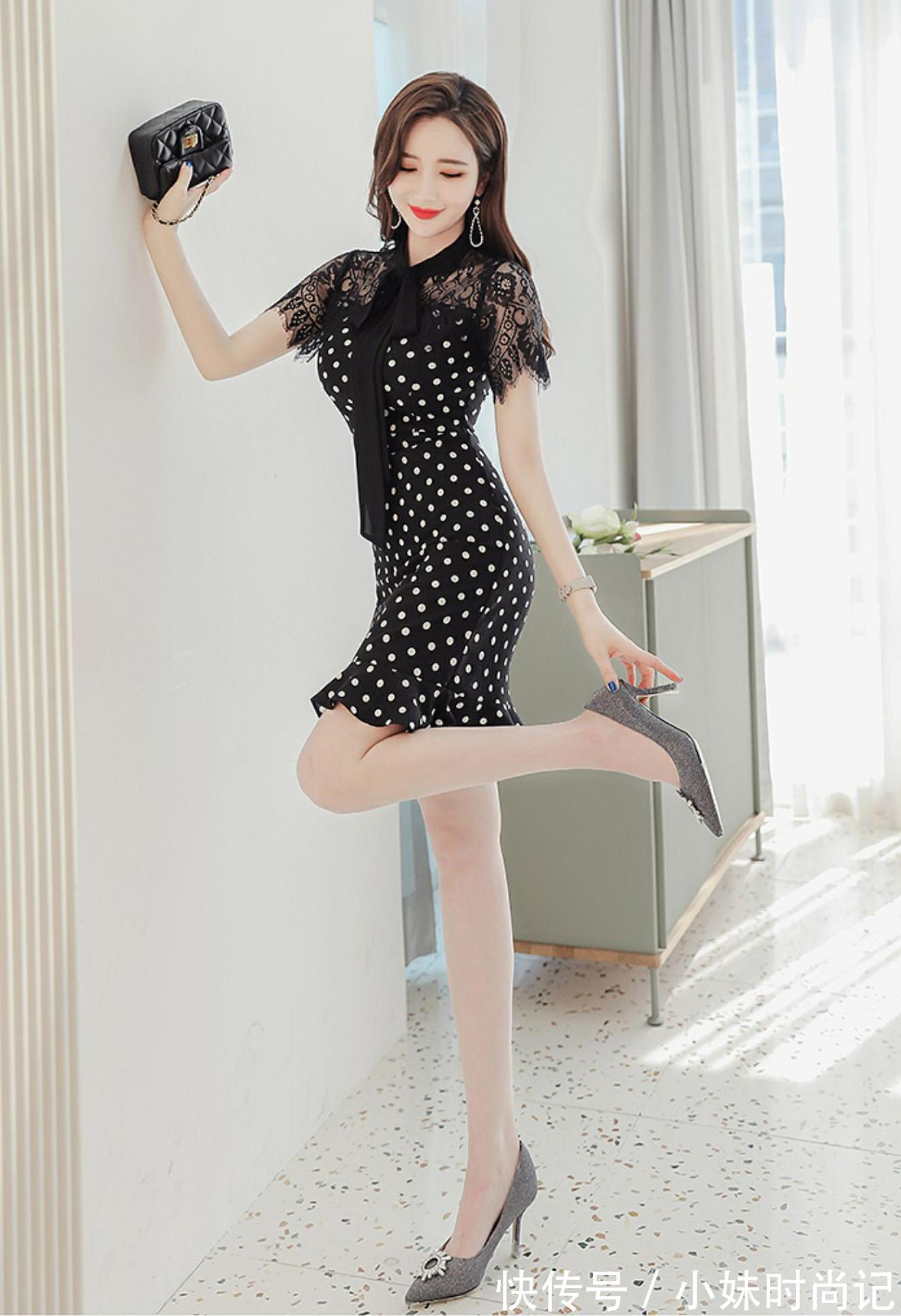 女人味|蕾丝波点黑色鱼尾裙,展示出轻熟的气质风格