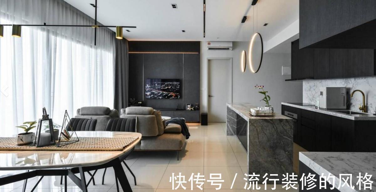 床尾|111㎡用黑白灰装出大宅范,岩板和灯带的碰撞,不小心溢出高级感