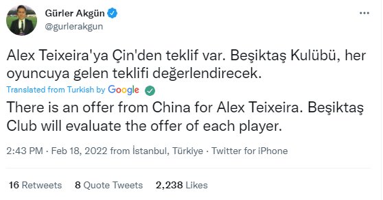 谢拉|土耳其记者：有中超球队报价特谢拉，贝西克塔斯正在评估