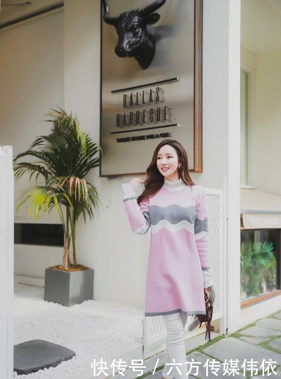 水波纹|潮流美女李妍静,柔软水波纹长款针织毛衣!