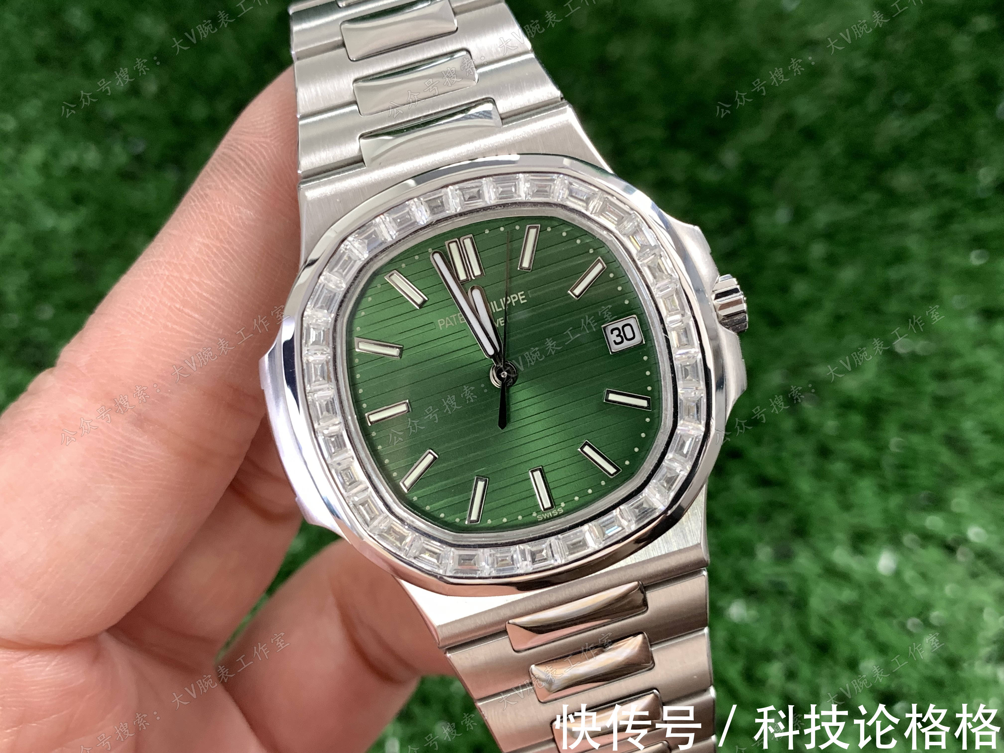 腕表 橄榄绿色盘面鹦鹉螺改装后镶钻圈口,鹦鹉螺5711绿面无损改装后镶钻腕表!