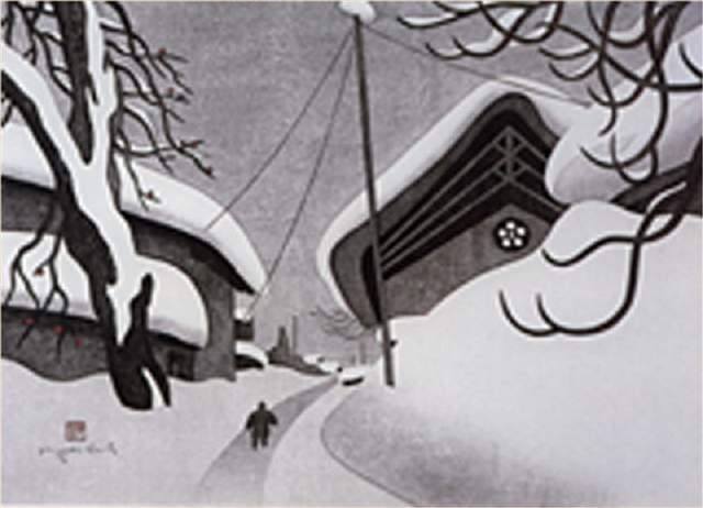 版画!日本近代版画大师斋藤清冬日雪景系列版画作品