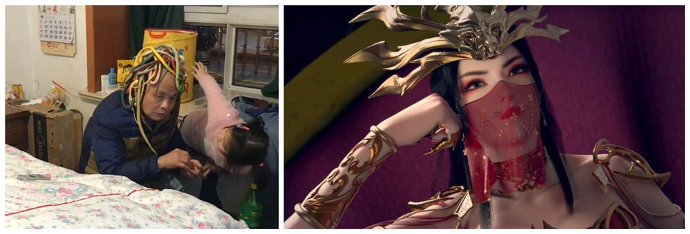 爷爷|孙女用“蛇”把爷爷扮成“美杜莎”女王,老人淡定嗑着瓜子作吧