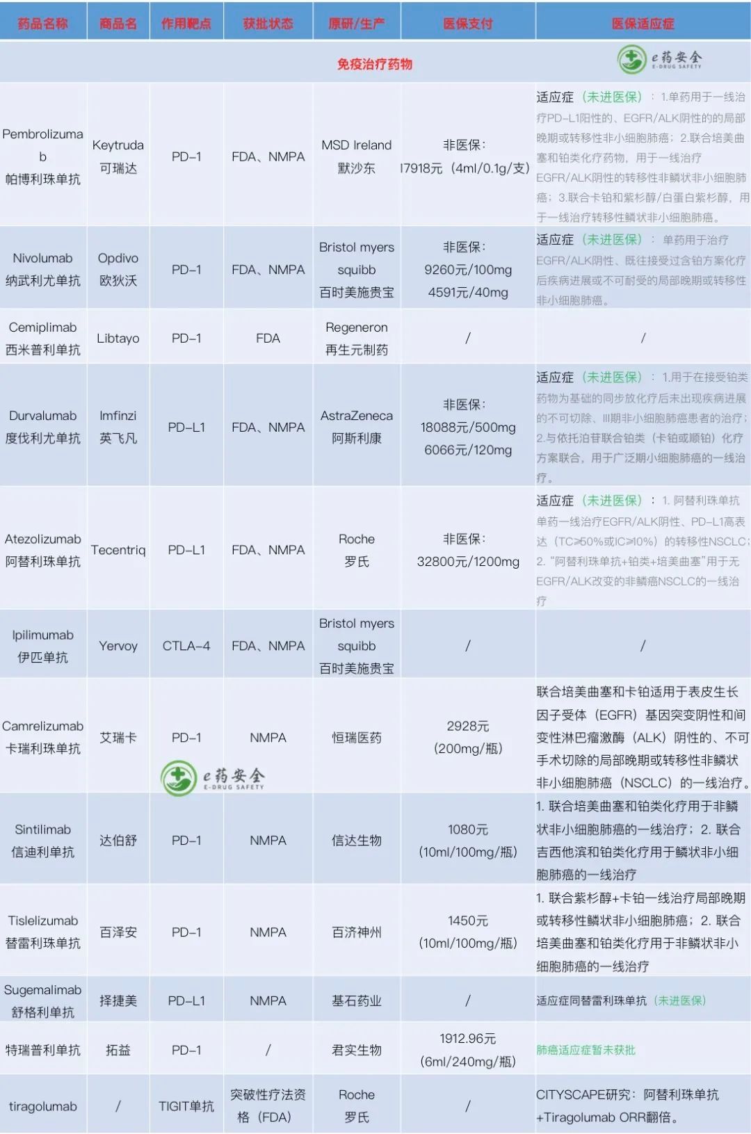 nmp肺癌，靶向及免疫治疗药物汇总表(2022年1月)