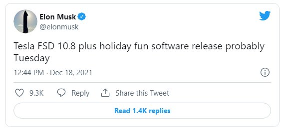 twitter|马斯克：特斯拉 FSD 10.8 以及假日娱乐软件可能于周二发布