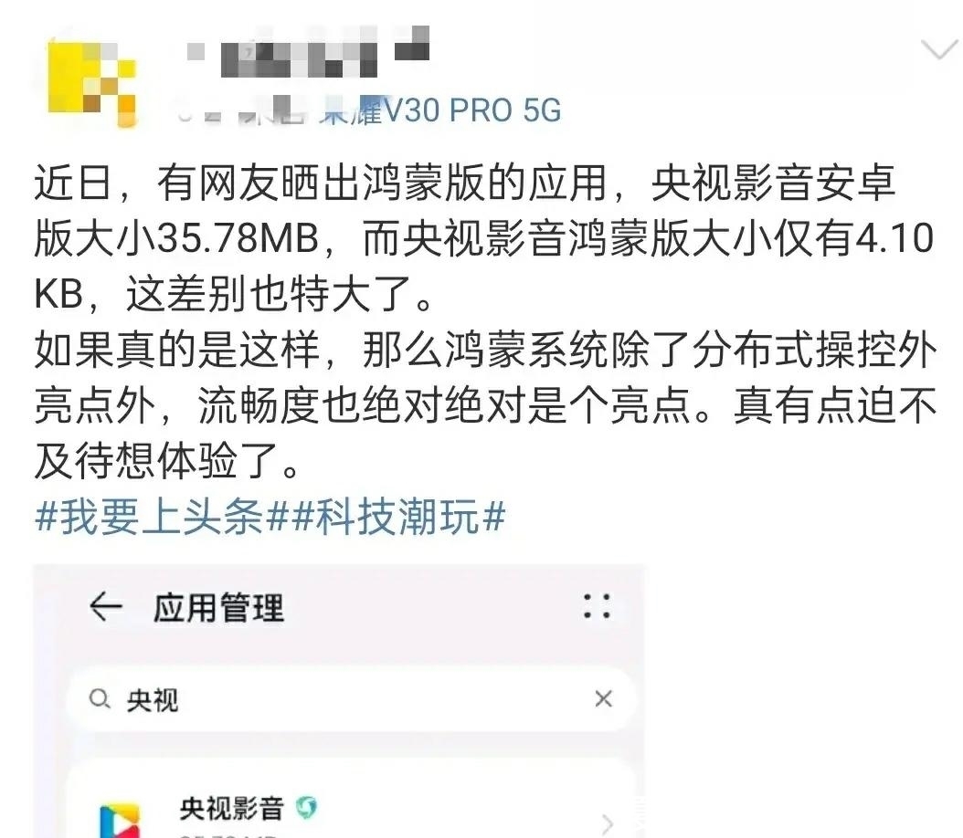 安卓版本的央视影音35.78MB,而鸿蒙版的央