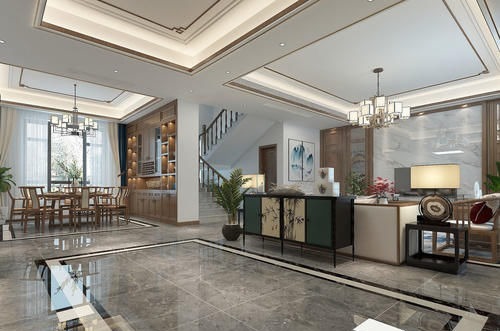 客厅|东北夫妻回乡建370㎡别墅,选胡桃木装中式,刚进门厅就被迷住