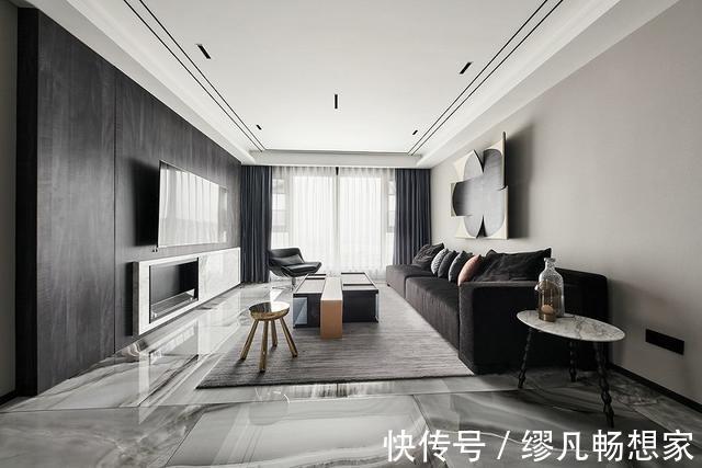 轻奢|129平现代时尚轻奢空间,黑白灰3色低调沉稳,地砖打造水墨画风格