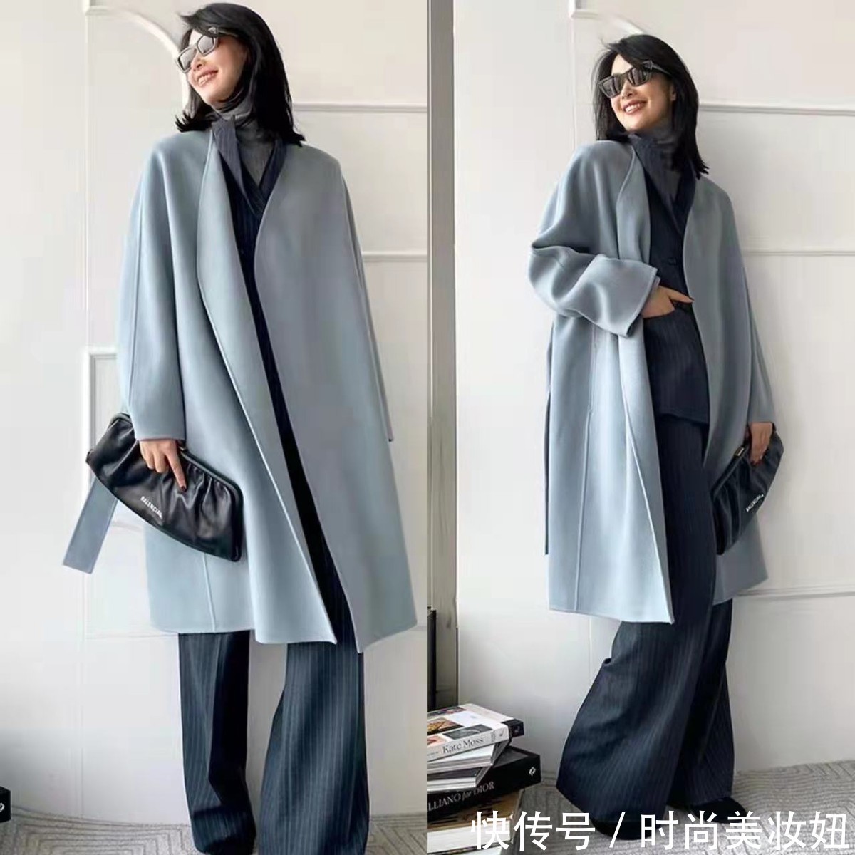 天蓝色 今年大衣别再配打底裤了,搭配这几种长裤更高级,保暖又时尚