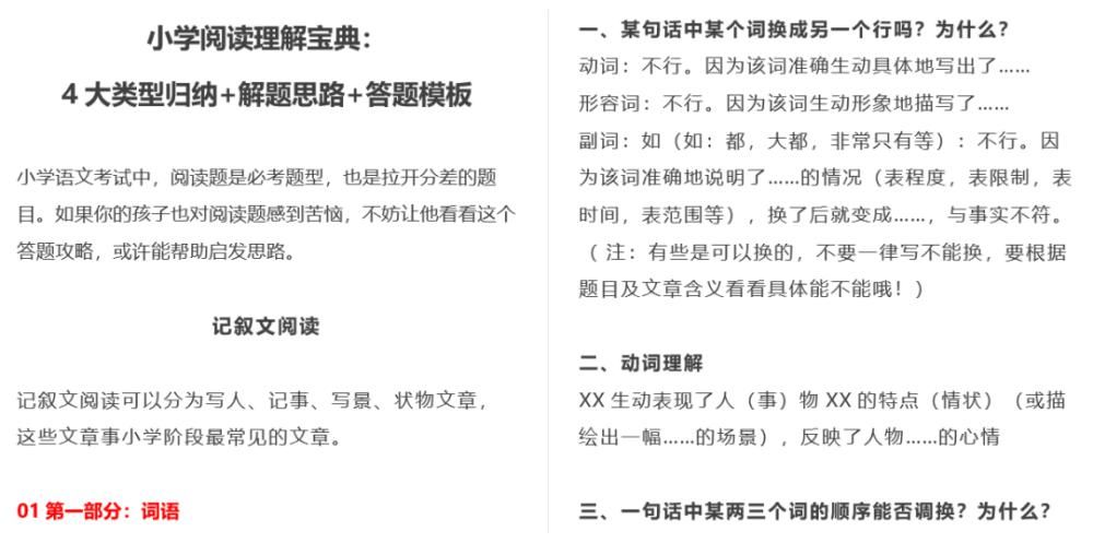 小学阅读理解：答题模板、40篇练习（含记叙文/说明文/文言文/诗词鉴赏）