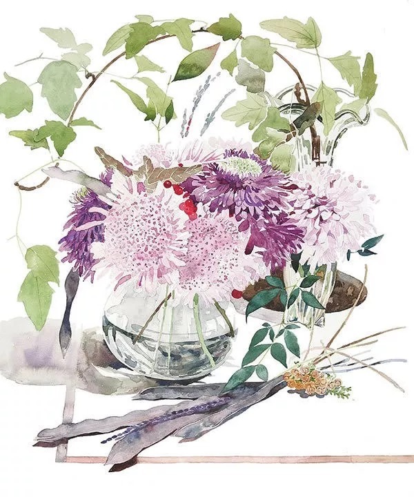 静物#日本柘植彩子Ayako Tsuge的花卉静物水彩画作品