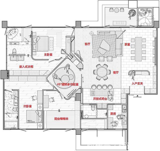 茶室|“去客厅化”的另一种设计，把客厅旋转45°后，简直不要太爽