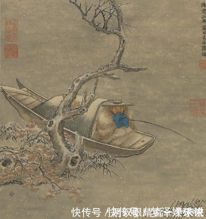 陆治@500年前的一幅古画,老人江中钓鱼,却被乾隆盖了10多个章