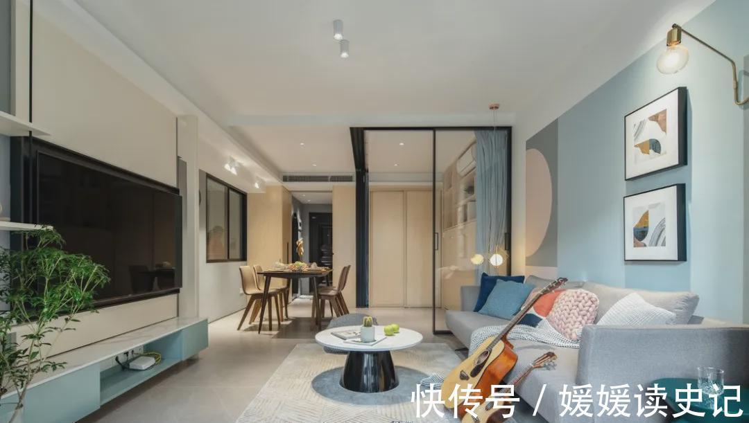 墨菲|80㎡现代简约,餐厅、书房、客卧三合一,高颜值拼色墙时髦有腔调