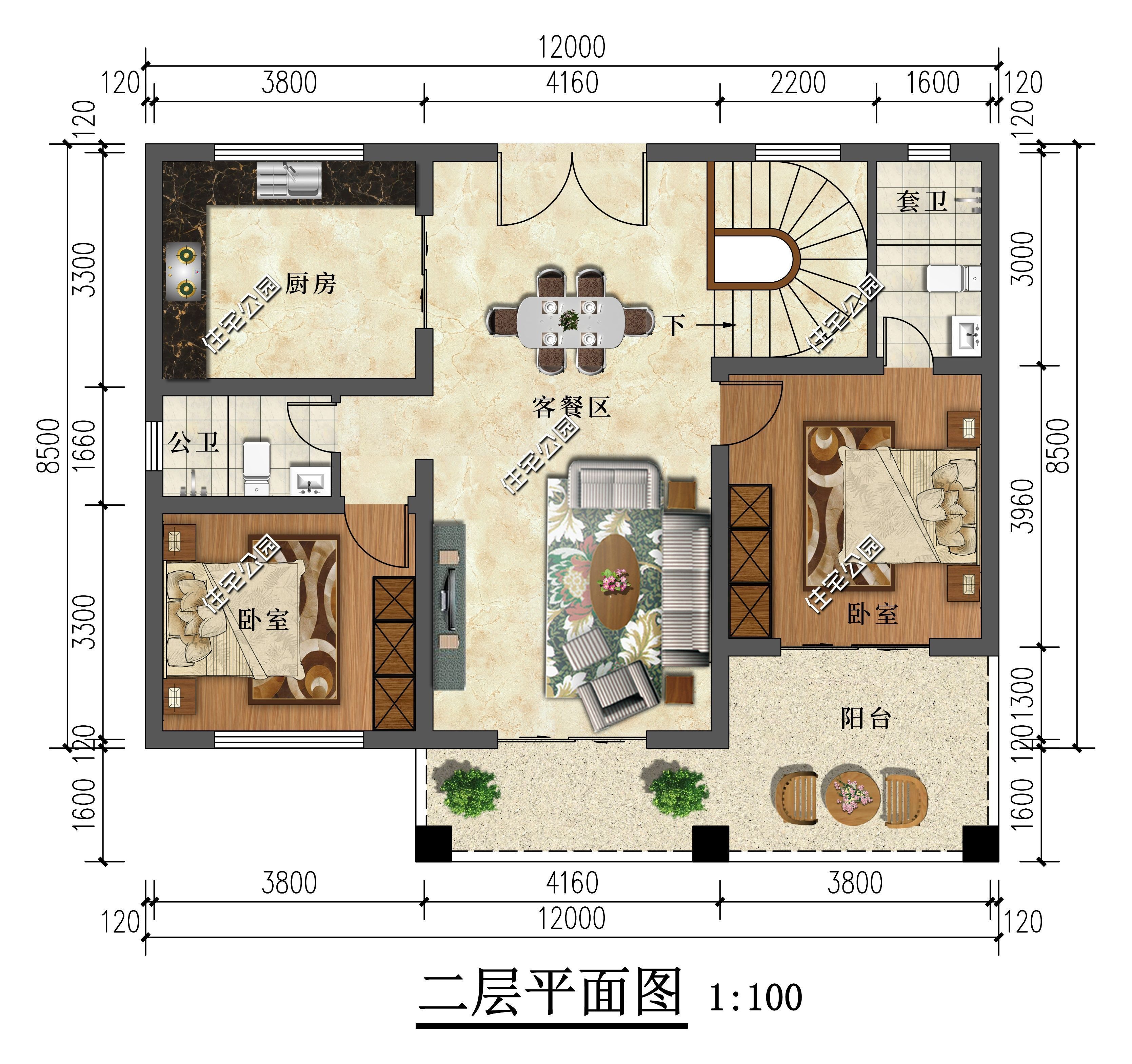 别墅|旋转楼梯+南北通透客餐区，12×10米东西无窗的二层别墅，舒适实用