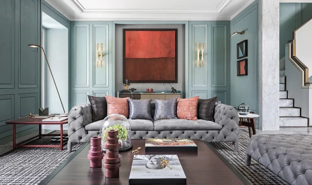 布置|900㎡现代轻奢,蓝绿色墙面+端庄软装,诗意档次!豪宅有人看吗?