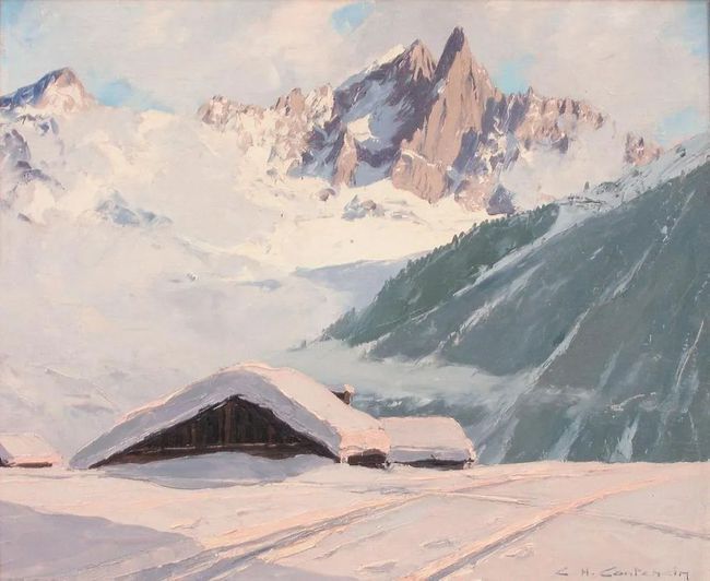 冰雪山脉$查尔斯·亨利·康坦辛(Charles Contencin)冰雪山脉风景绘画
