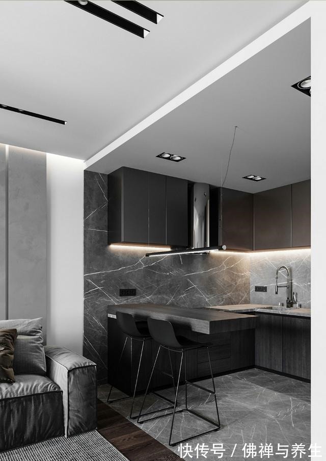 餐厨|现代两居,仅以黑灰两色,就打造出十足的高级感!