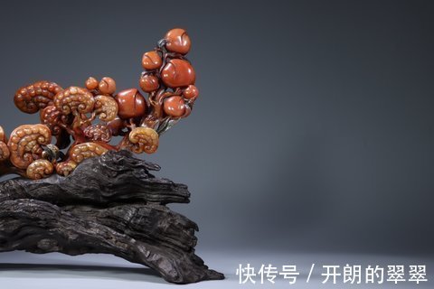 天工奖#清代寿山桃花石雕·寿桃林芝如意摆件