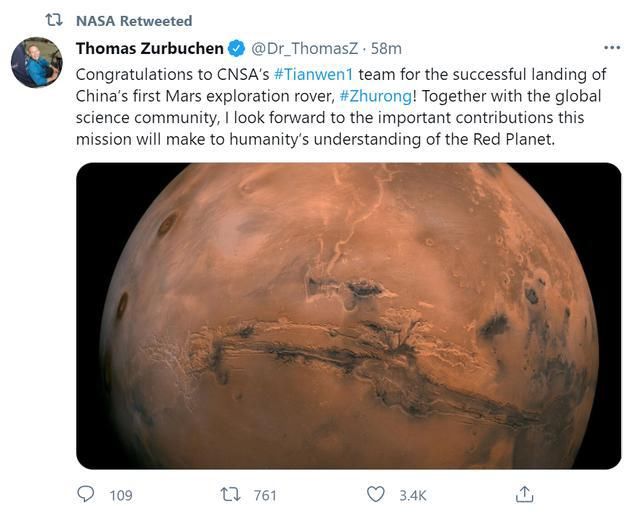 美国国家航空航天局 NASA祝贺中国天问一号探测器成功着陆火星