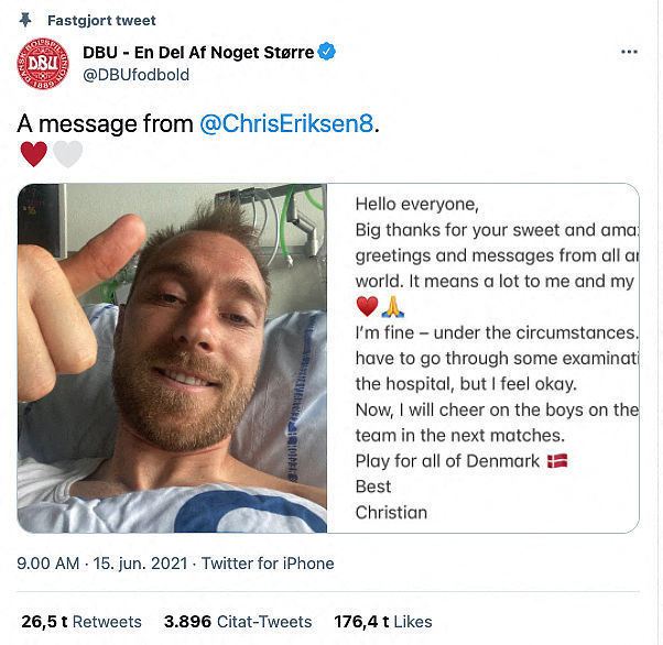 埃里克森将手术植入心律转复除颤器 对阵比利时丹麦队为他而战|欧洲杯 | 对阵