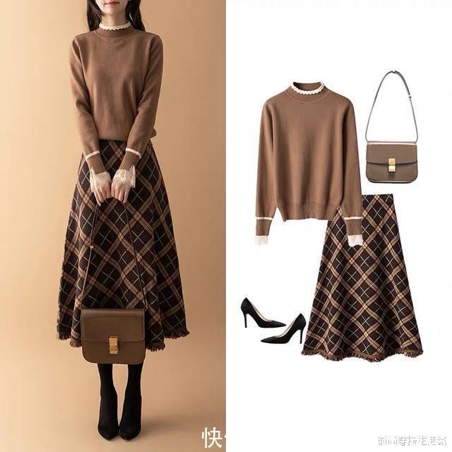 大地色|羽绒服收起来吧!入春后就穿“针织衫+半裙”,简约大方又气质