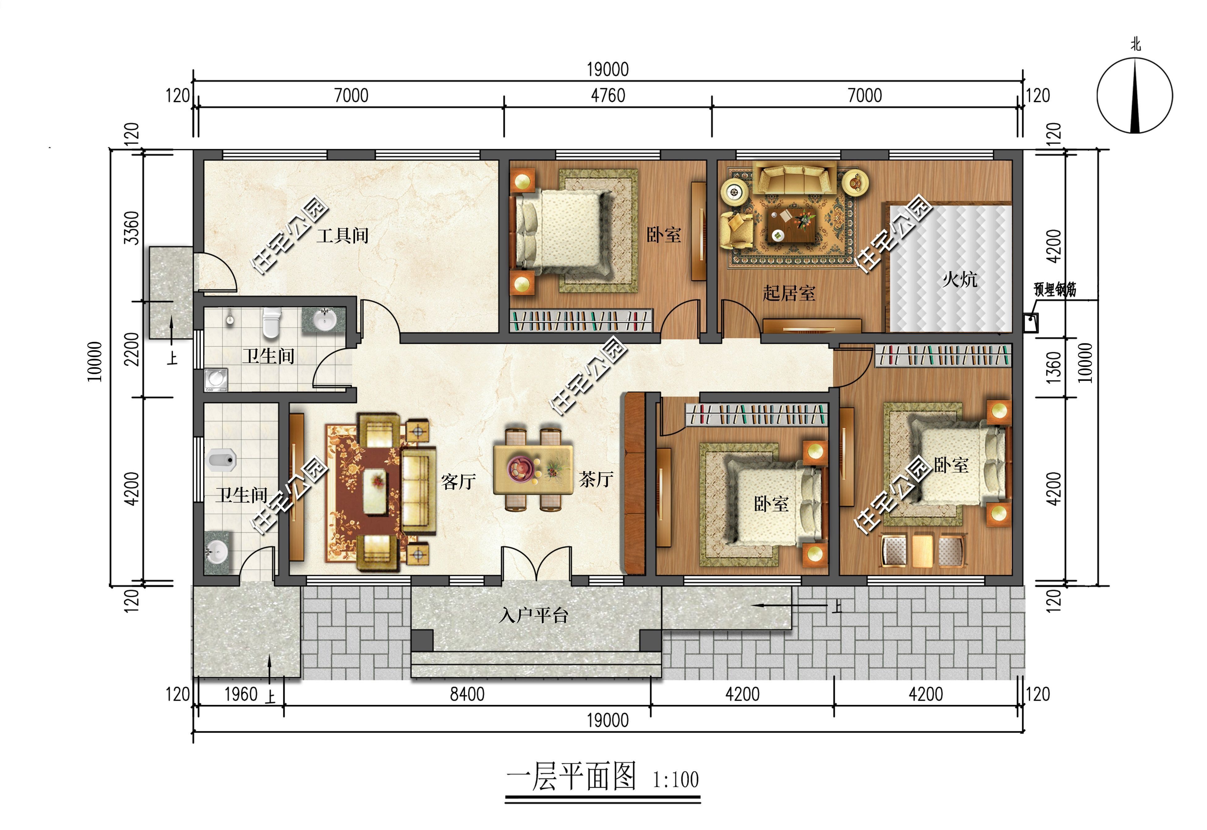 小知识|厨房外置+火炕+大客厅，19×12米一层住宅，养老房的极佳选择