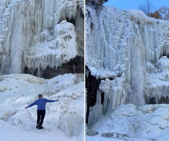 神奇时刻|加拿大男子近距离欣赏“半冰冻瀑布” 神奇景象令人难以置信