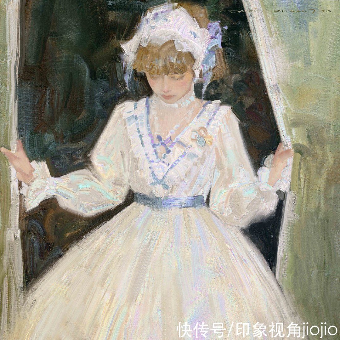 插画作品$高级油画质感的插画作品,笔下的白衣少女太梦幻了