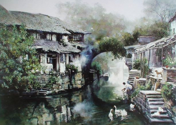 江南水乡#潘鸿海油画中的江南水乡,太有诗意了!
