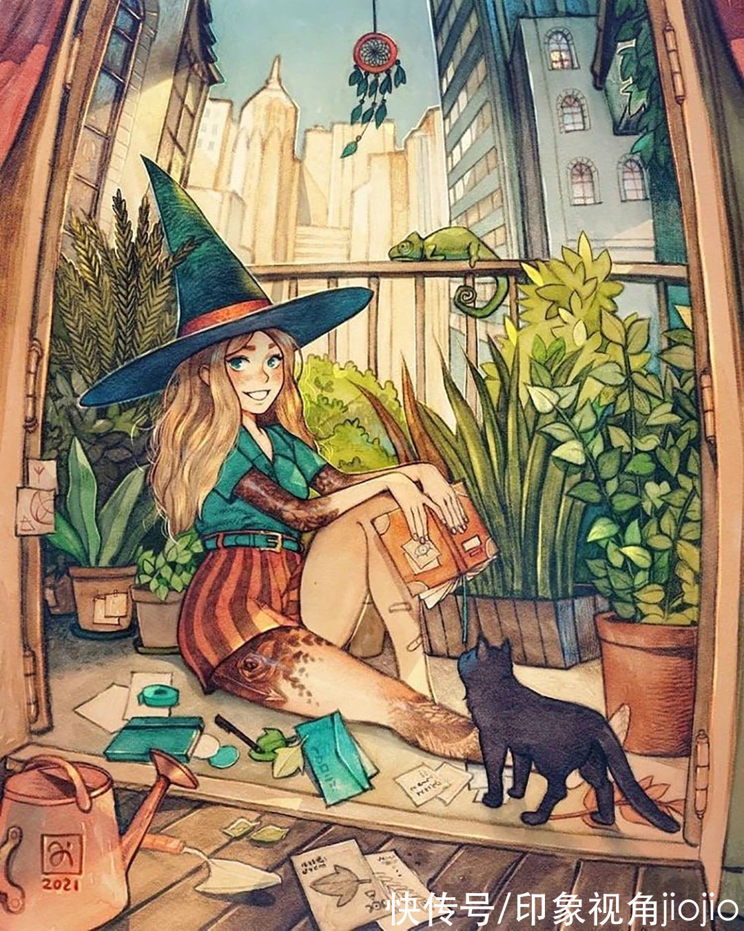 日常插画#复古风的女巫日常插画作品,猫咪灵魂陪伴设定太有爱了