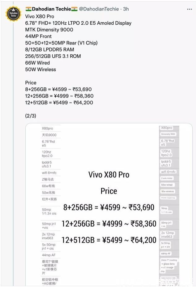 像素|vivo X80系列 三款新机的详细参数和价格疑似曝光