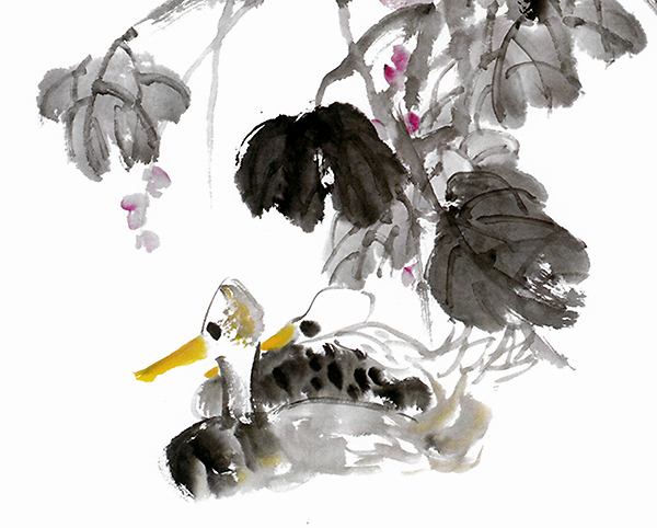 徐青藤@玉花寿之王博士国画,黄嘴《野鸭》栖息在粉色海棠下