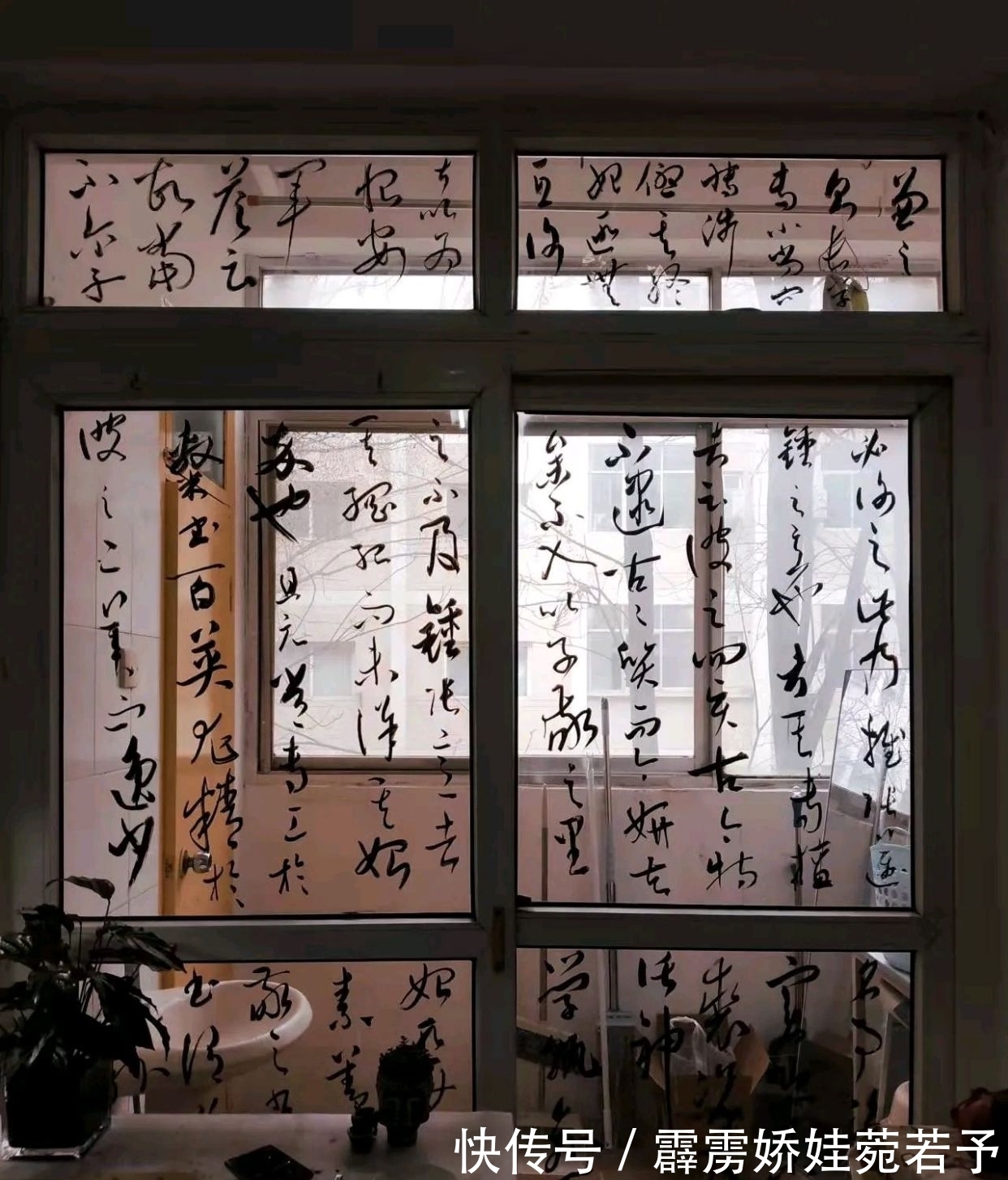 大学生$西安大学生在宿舍玻璃窗写草书,引来众人围观,网友:真书法