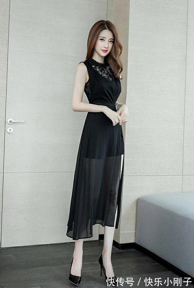 小蛮腰 黑色蕾丝网纱长裙,无袖背心的款式设计,时尚靓丽