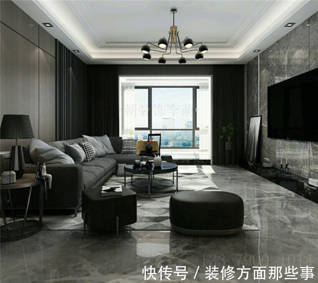 质感|?139平米现代灰色四居室,客餐厅设计有质感,大理石+木质