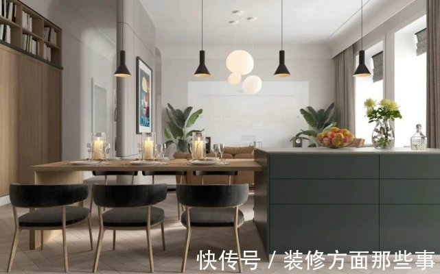 吊顶|124平原木色与绿色搭配的橱柜，是客厅一道亮丽的风景线