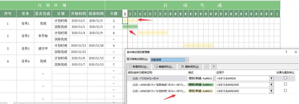 「自动」Excel任务进度表，自动甘特图，日程统计进度显示一步到位