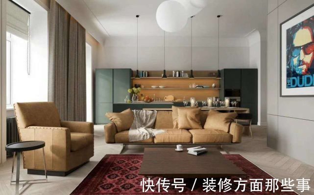 吊顶|124平原木色与绿色搭配的橱柜，是客厅一道亮丽的风景线