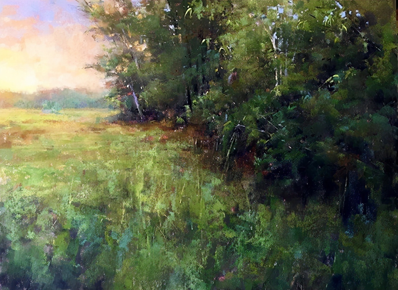 美国#美国艺术家阿奎尔柔和的风景油画,画里充满了阳光温馨美好